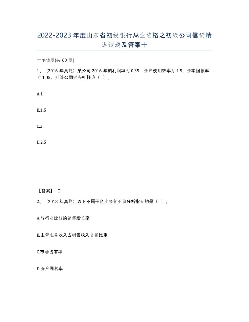 2022-2023年度山东省初级银行从业资格之初级公司信贷试题及答案十