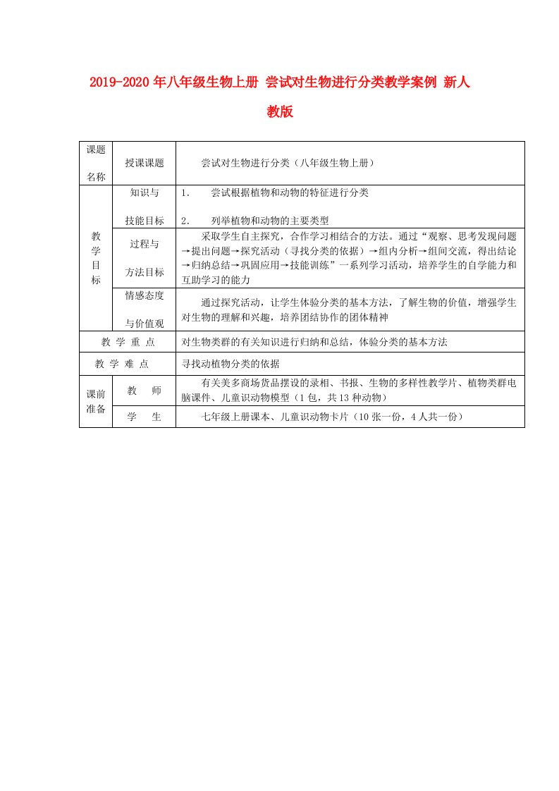 2019-2020年八年级生物上册