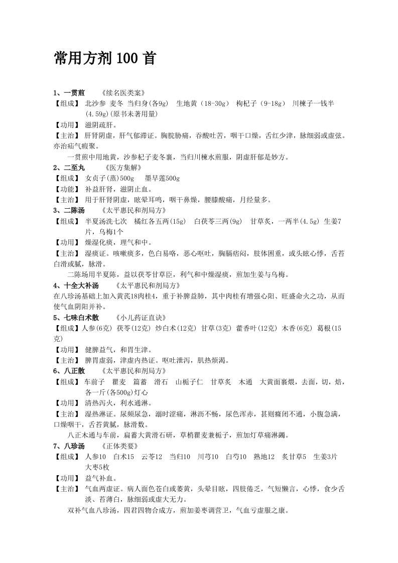 中医常用方剂100首