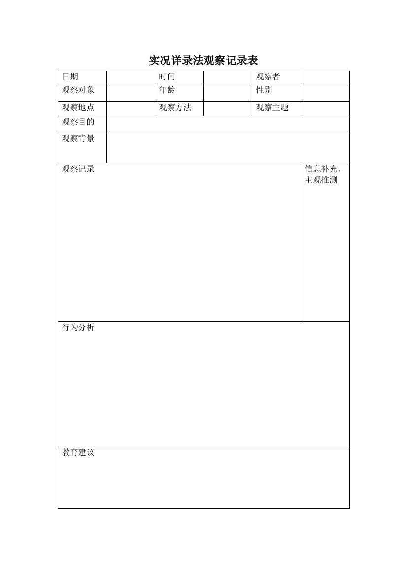 实况详录法观察记录表