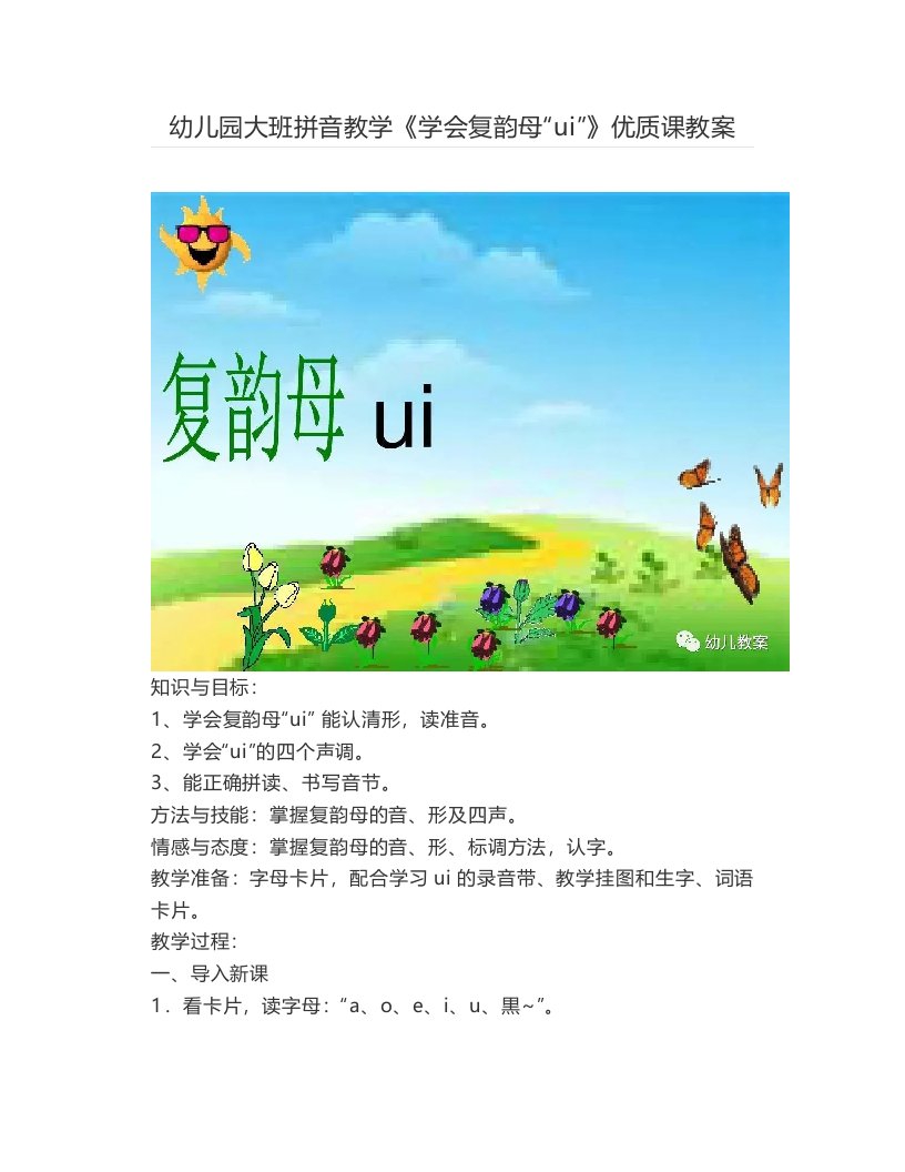 幼儿园大班拼音教学《学会复韵母“ui”》优质课教案【幼儿教案】