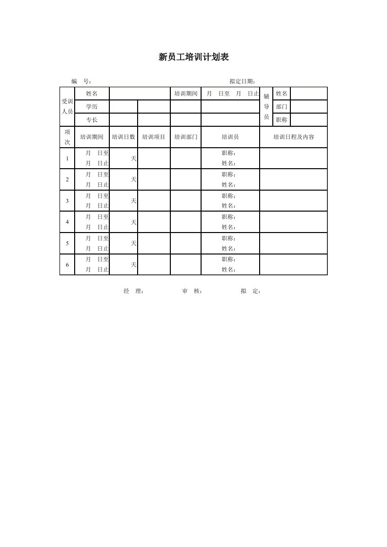 精品文档-新员工培训计划表