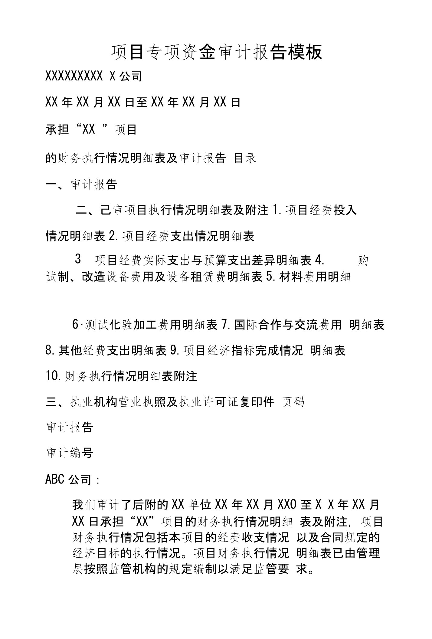 项目专项资金审计报告模板