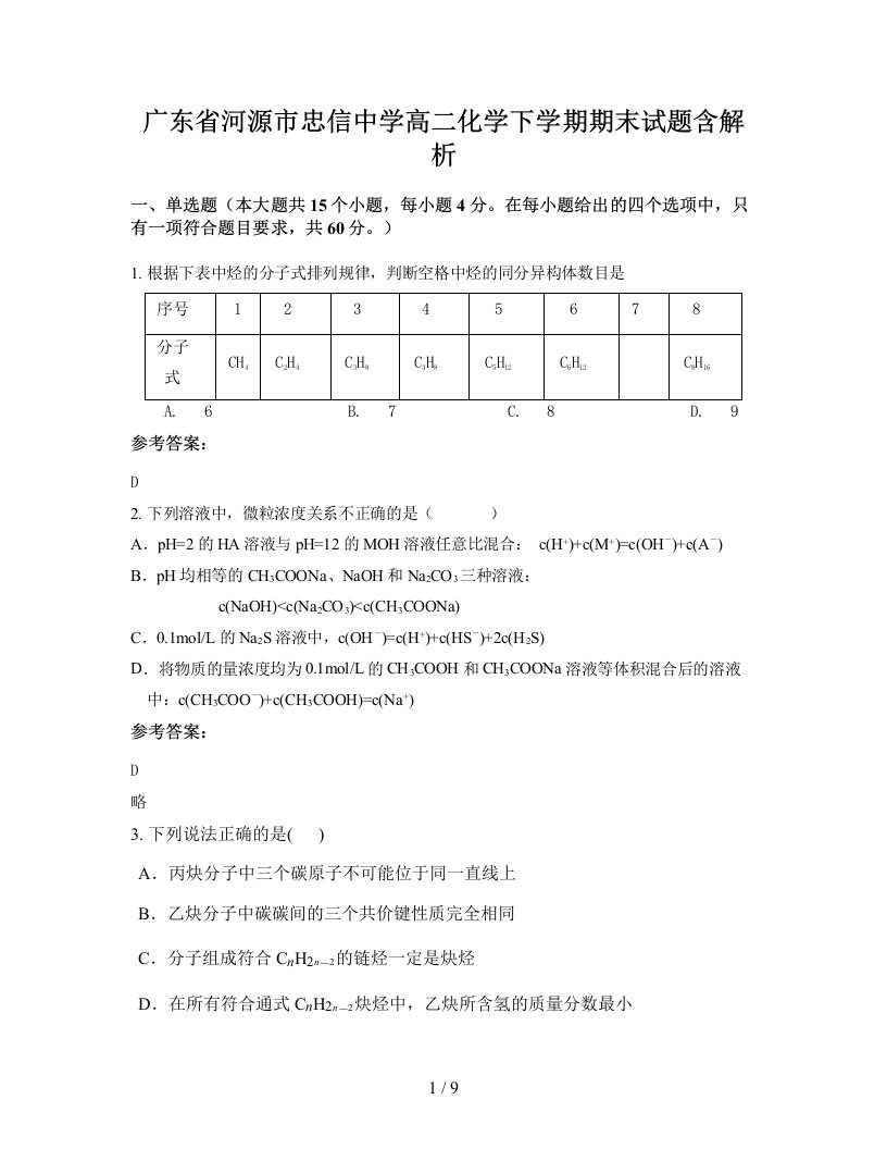 广东省河源市忠信中学高二化学下学期期末试题含解析