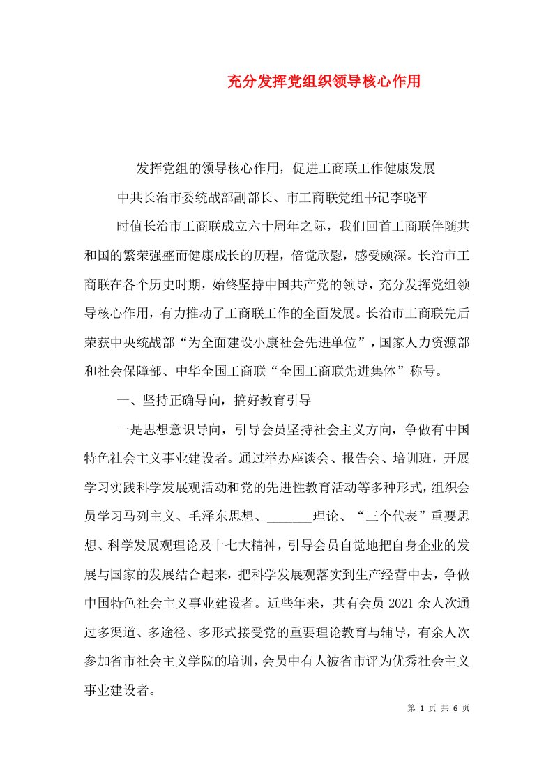 充分发挥党组织领导核心作用（一）