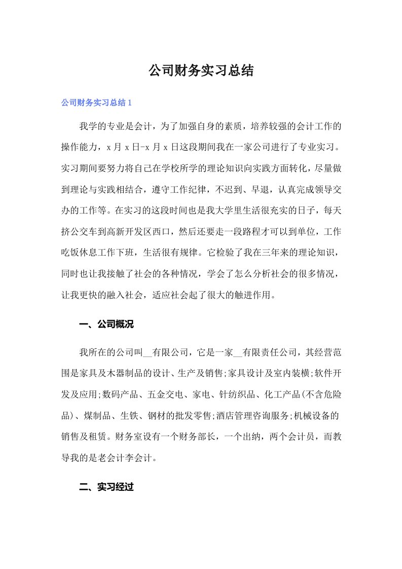 公司财务实习总结