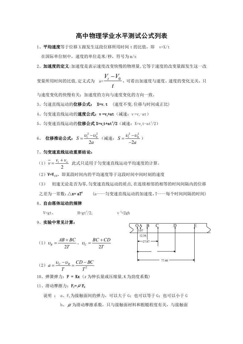 学业水平测试高中物理公式列表文科