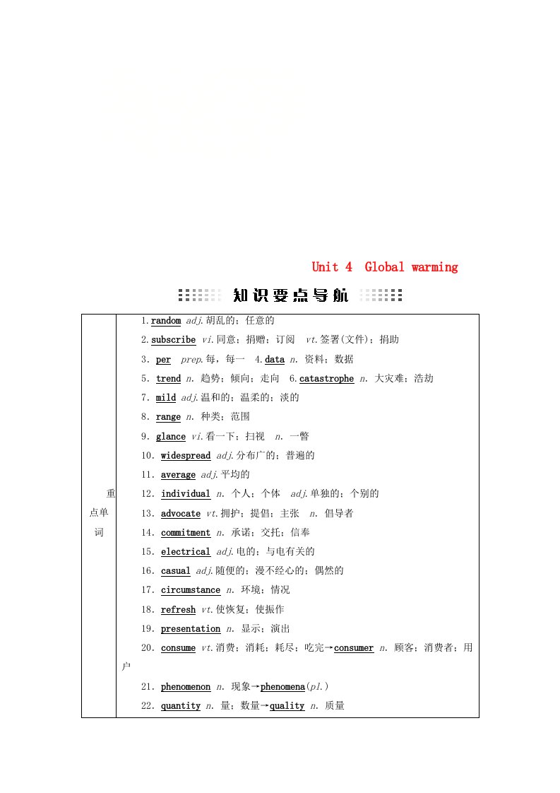 全国通用版高考英语大一轮复习Unit4Globalwarming讲义新人教版