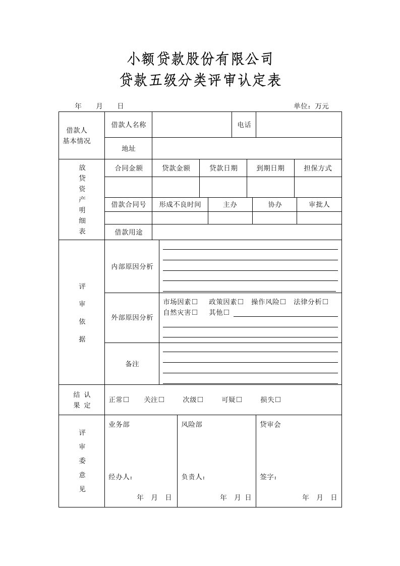 贷款五级分类认定表