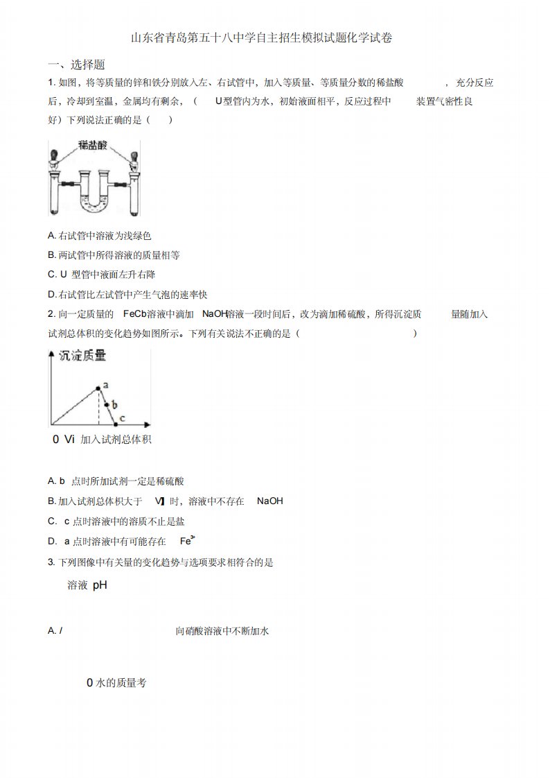 山东省青岛第五十八中学自主招生模拟试题化学试卷-26页