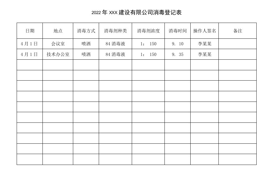 2022年某建设有限公司消毒登记表