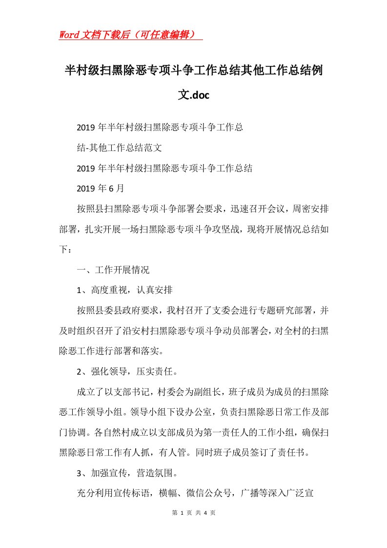 半村级扫黑除恶专项斗争工作总结其他工作总结例文.doc