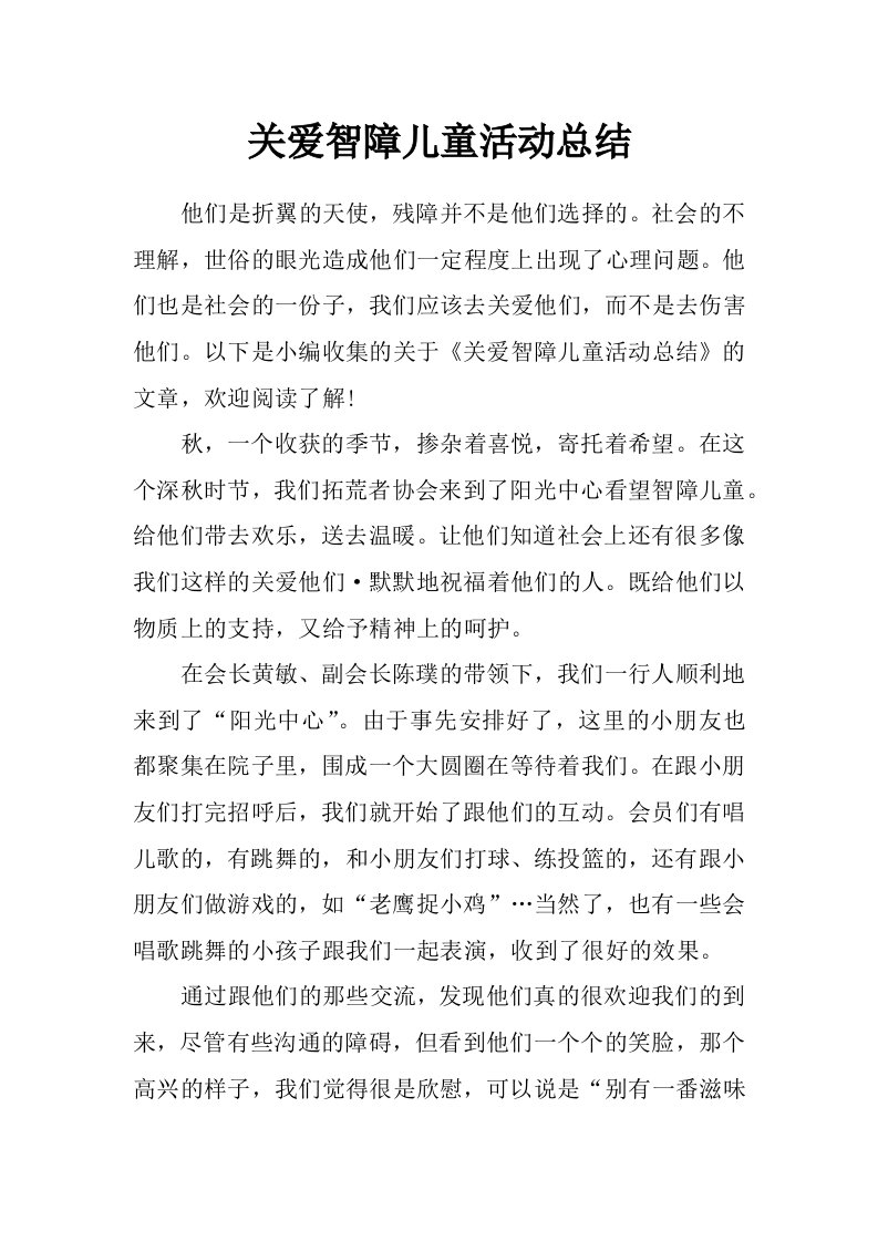 关爱智障儿童活动总结