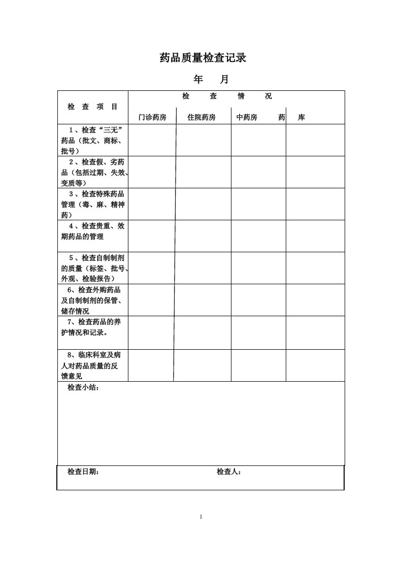 药剂科质量检查记录表