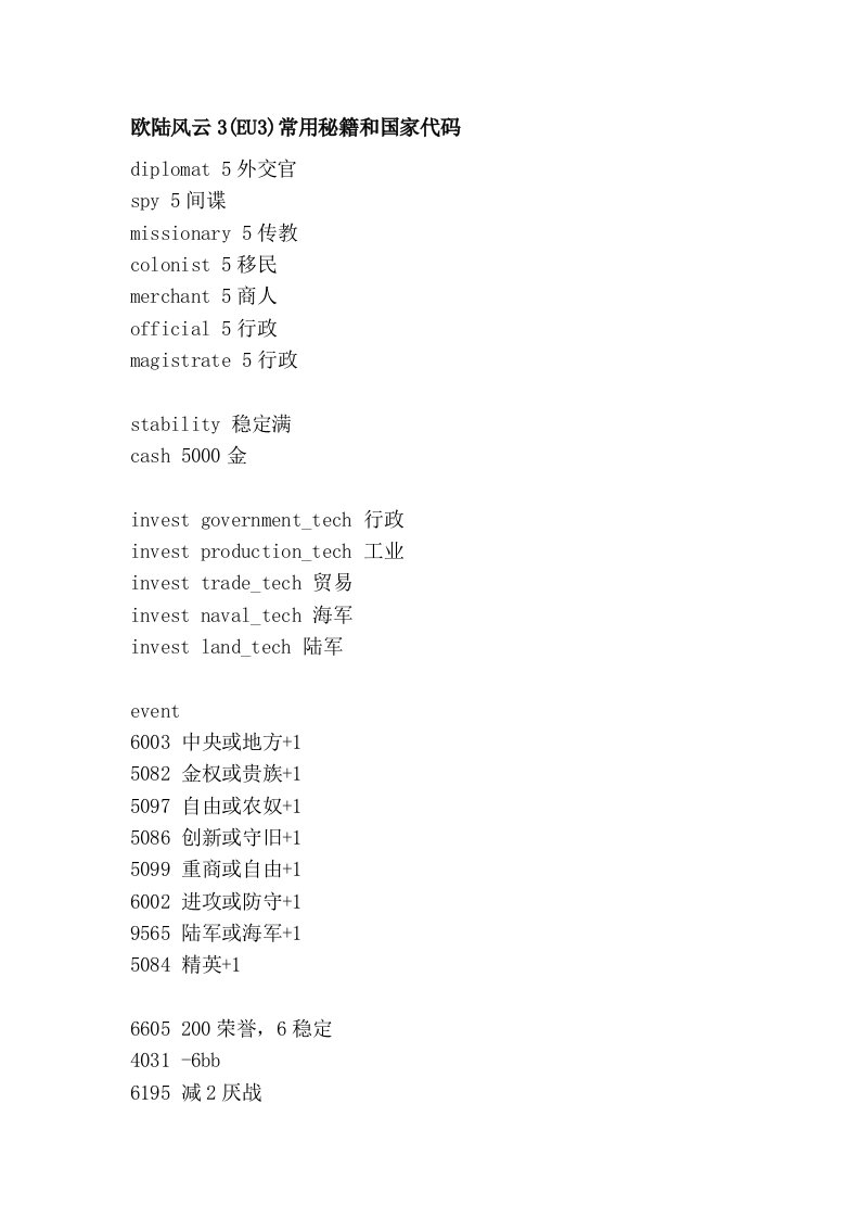 欧陆风云3(EU3)常用秘籍和国家代码