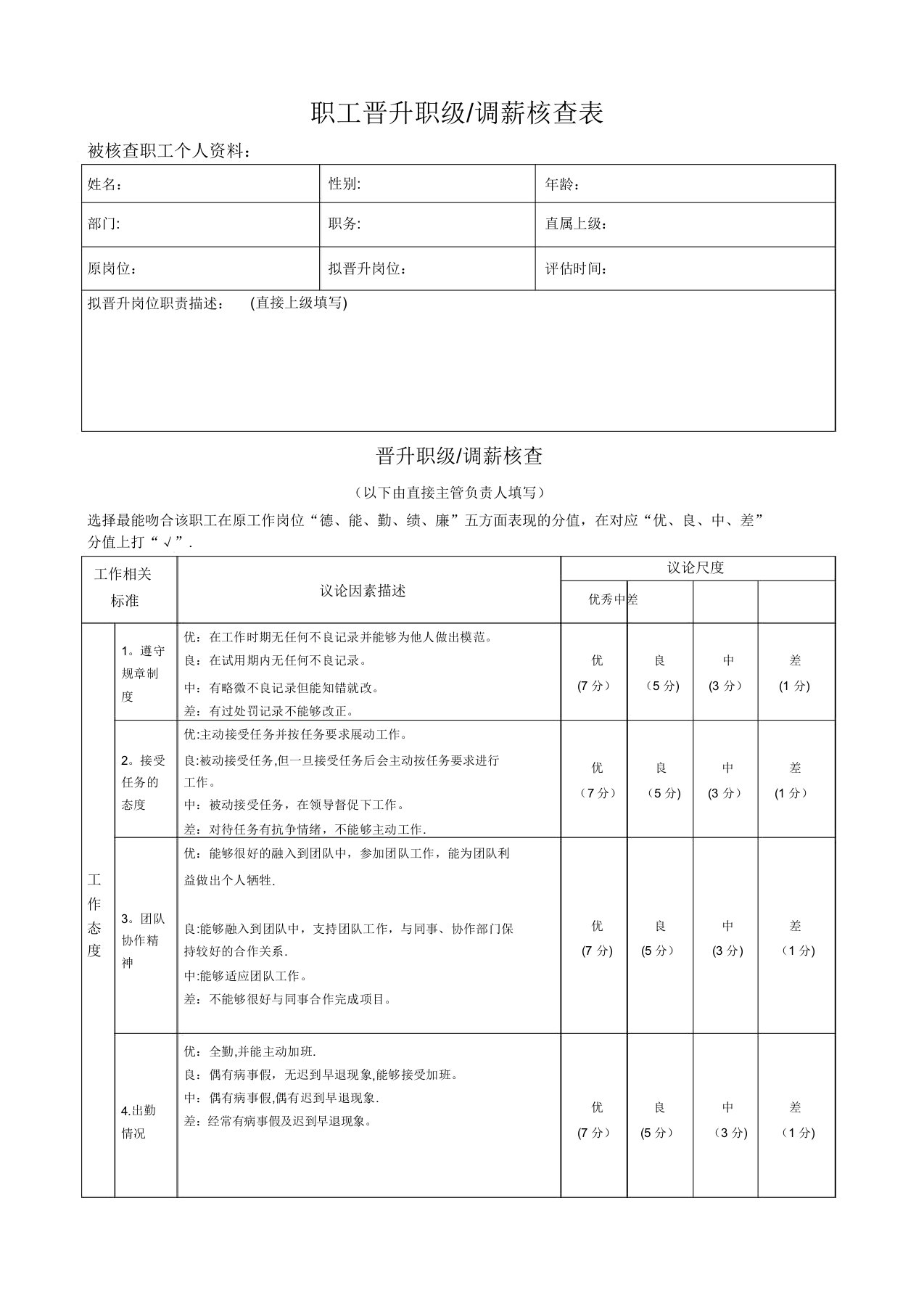 员工晋升考核表