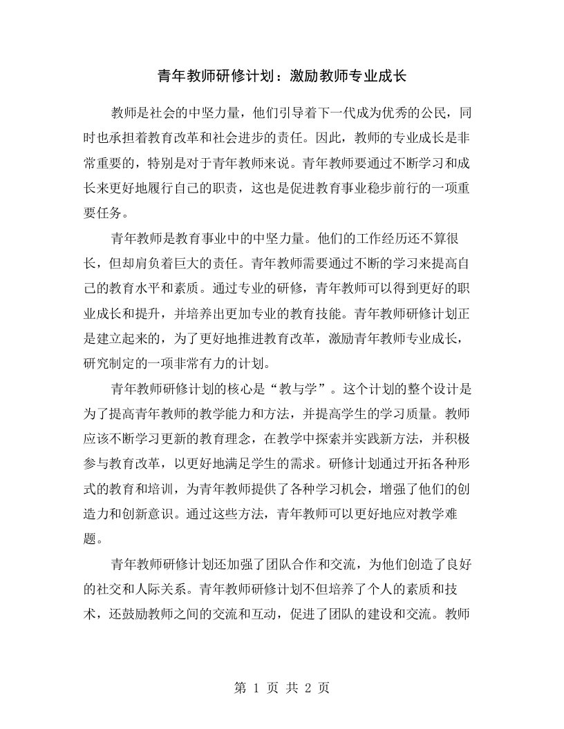 青年教师研修计划：激励教师专业成长