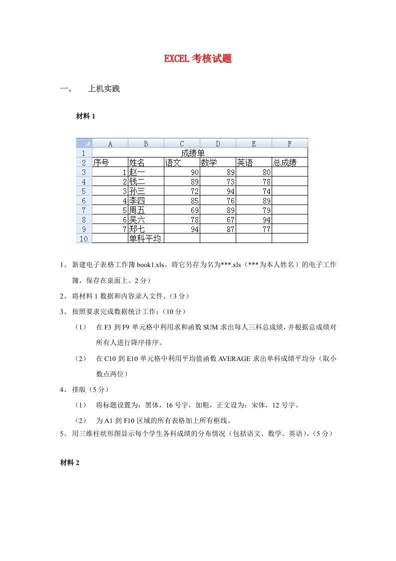 excel考试试题(简单操作)