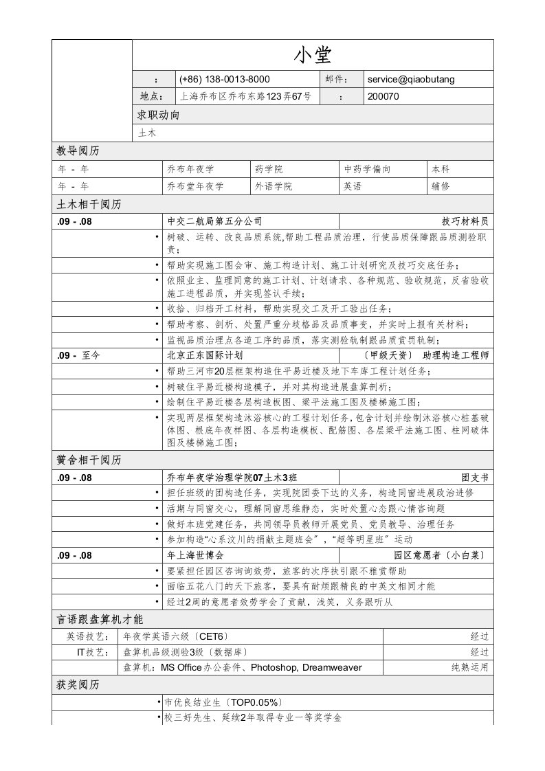 应聘土木类岗位简历模板2