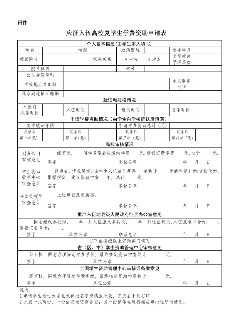 退役士兵复学学费资助申请表