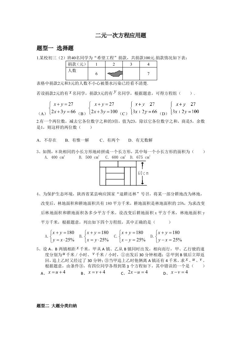 二元一次方程应用题题型分类归纳