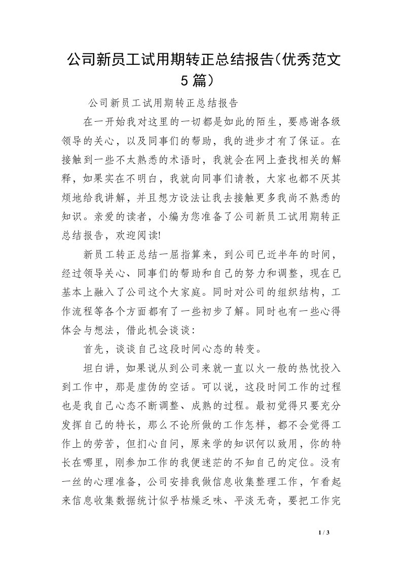 公司新员工试用期转正总结报告（优秀范文5篇）