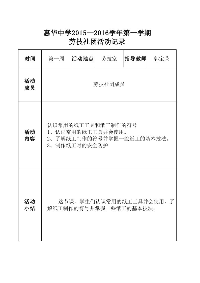 劳技社团活动记录表