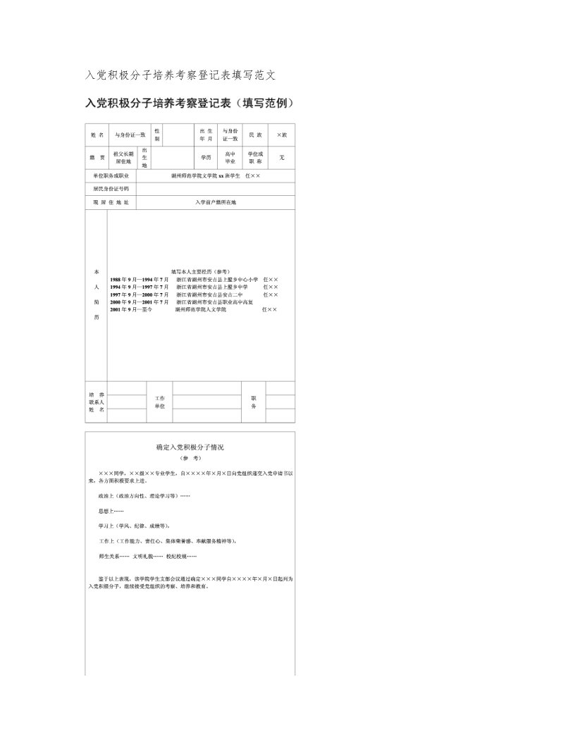 入党积极分子培养考察登记表填写范文精资料