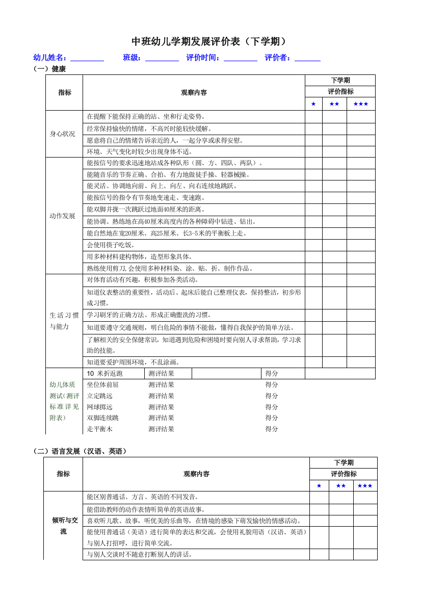 中班幼儿学期发展评价表（下学期）