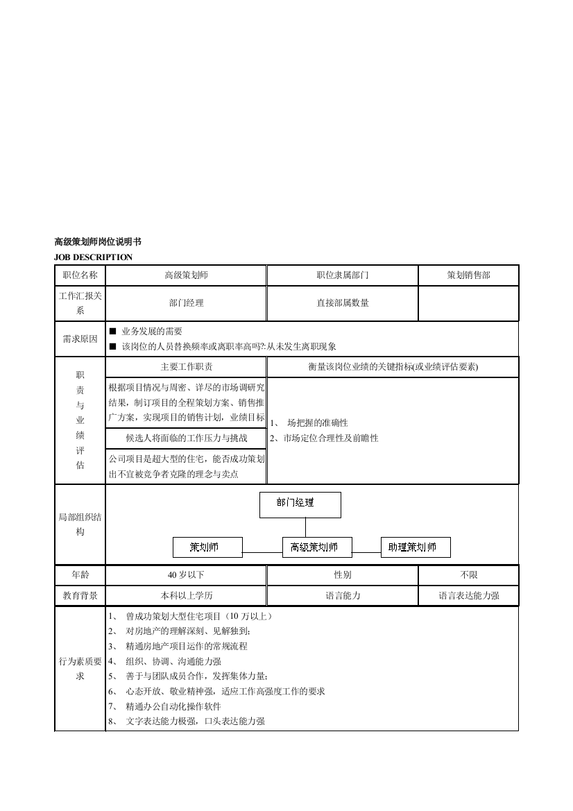 高级策划师岗位说明书