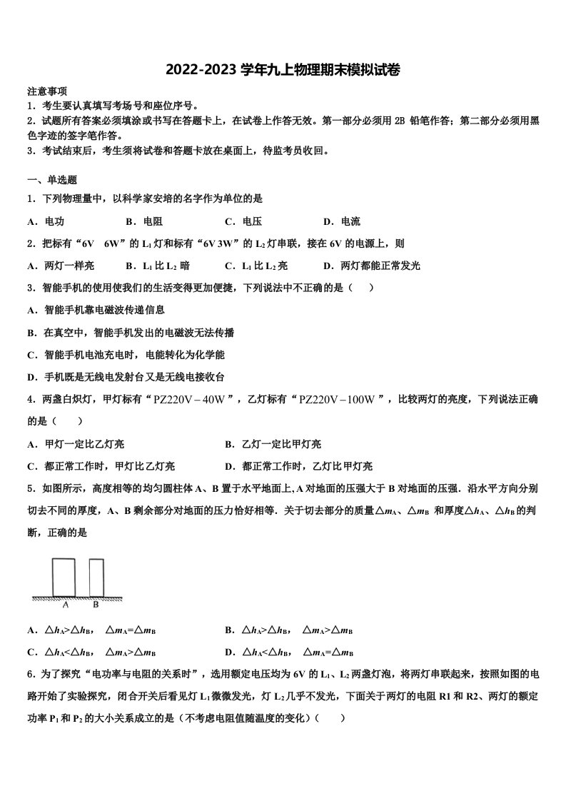 2022-2023学年山东省德州市第一中学九年级物理第一学期期末质量跟踪监视模拟试题含解析