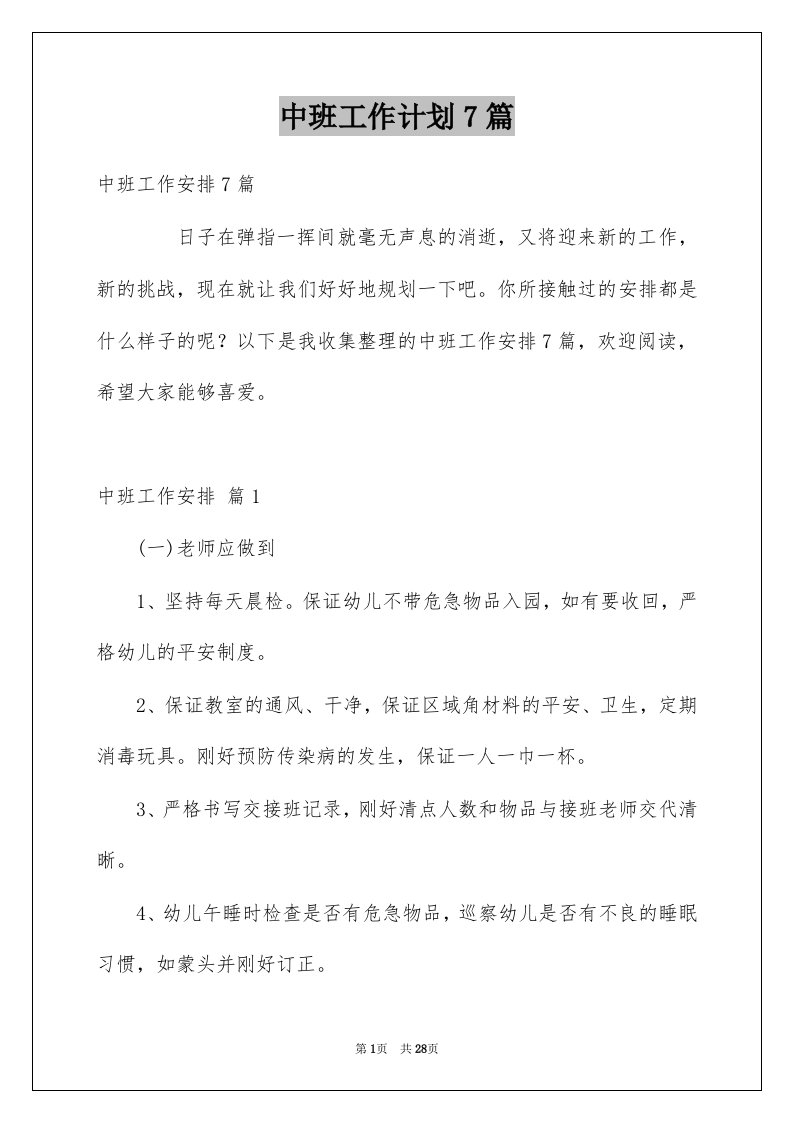 中班工作计划7篇例文