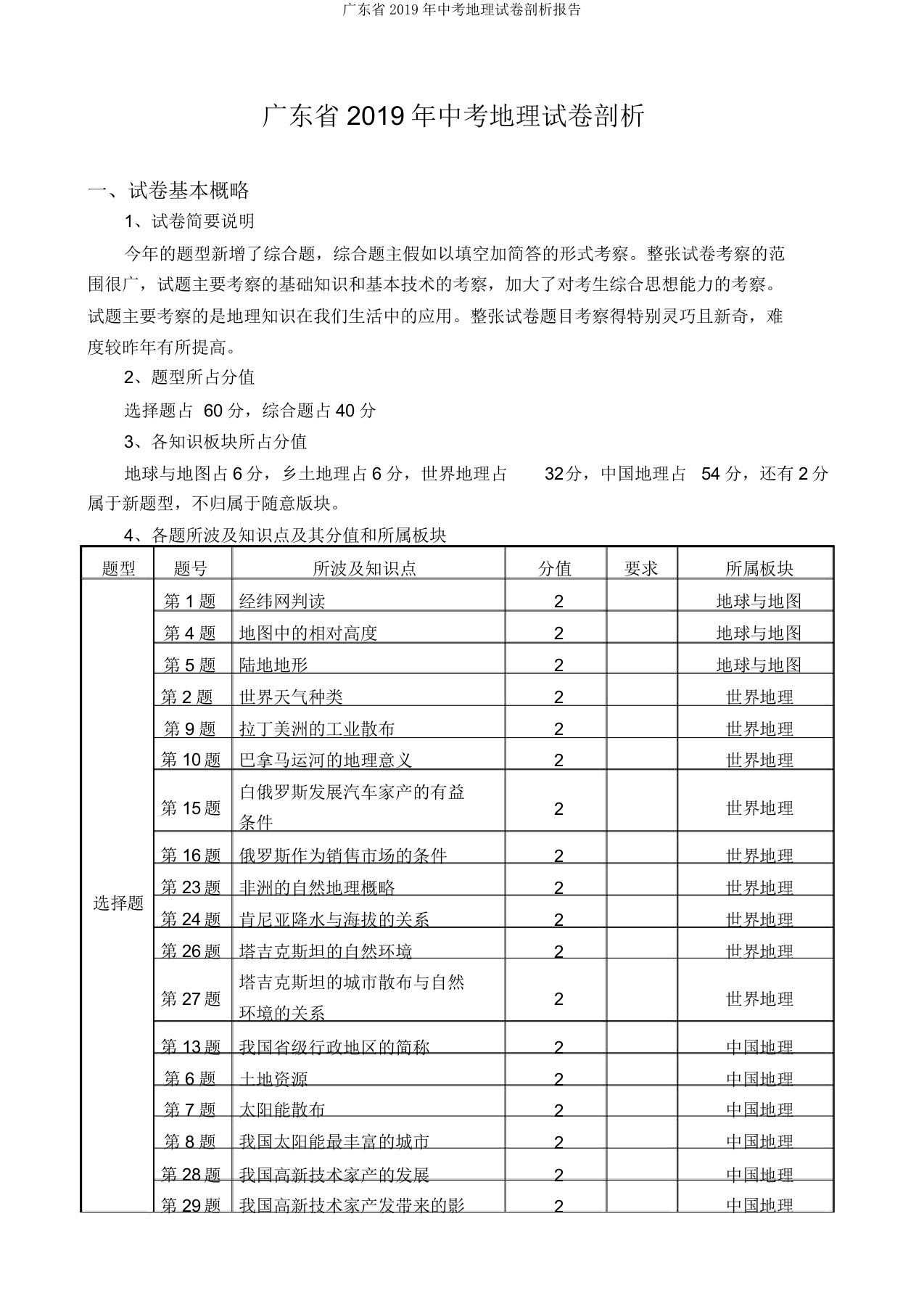 广东省2019年中考地理试卷分析报告