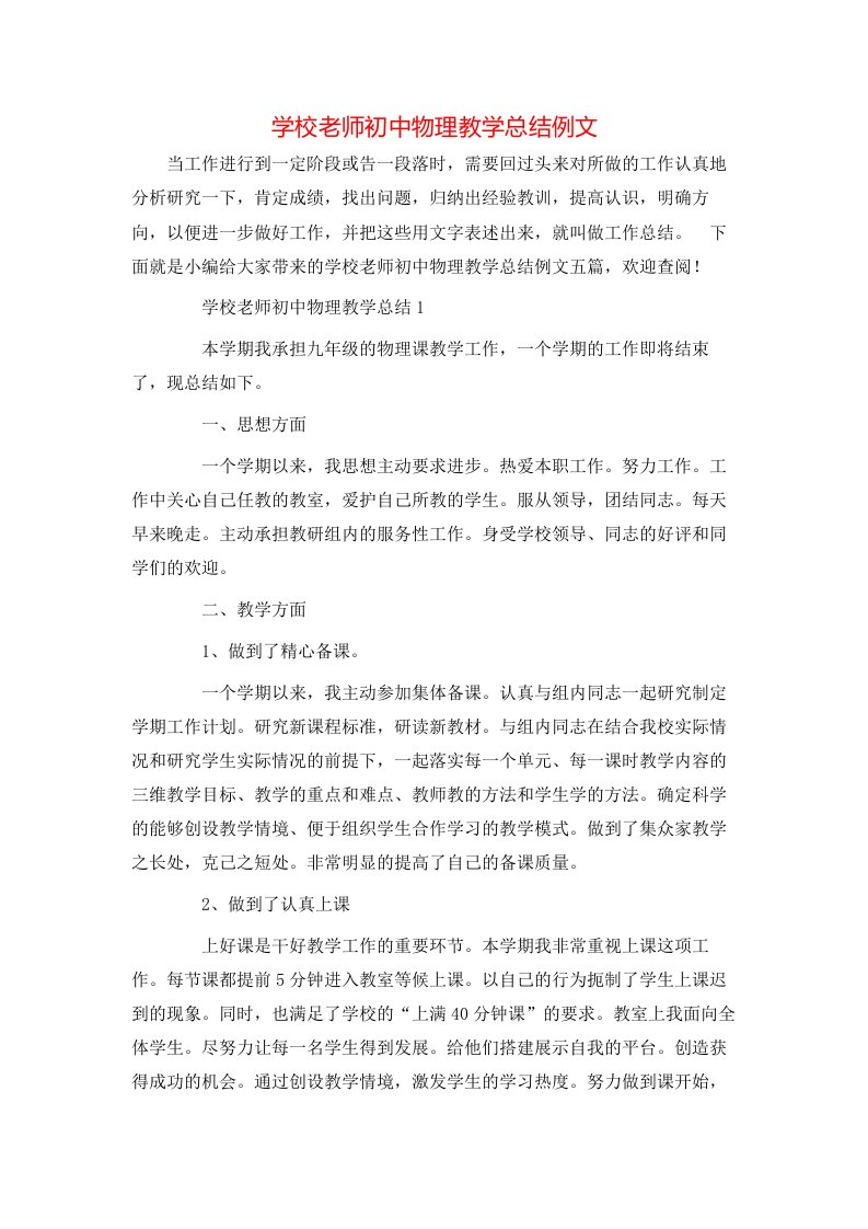 学校老师初中物理教学总结例文