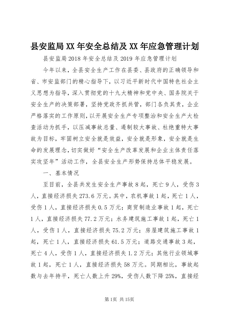 6县安监局某年安全总结及某年应急管理计划