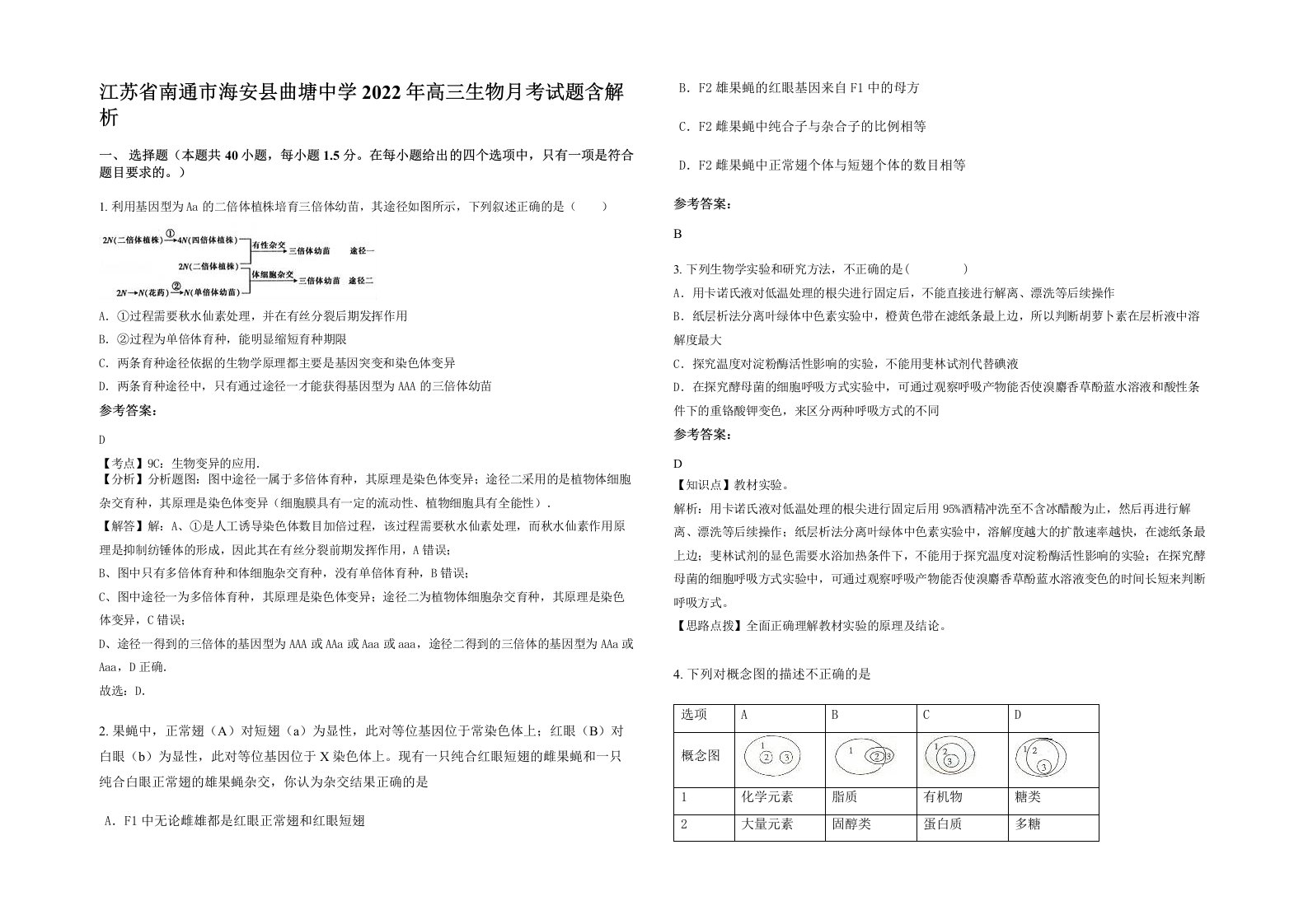 江苏省南通市海安县曲塘中学2022年高三生物月考试题含解析