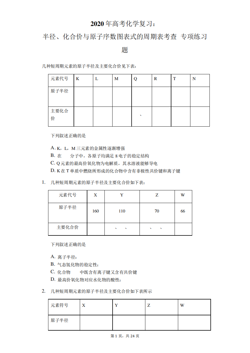 化合价与原子序数图表式的周期表考查