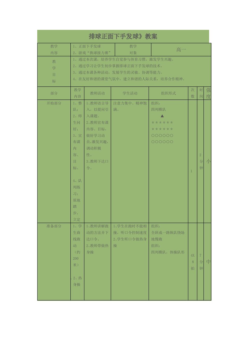 排球正面下手发球》教案