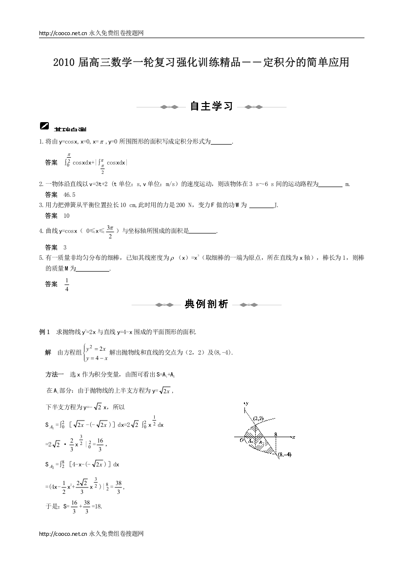 【精编】届高三数学一轮复习强化训练精品――定积分的简单应用doc高中数学