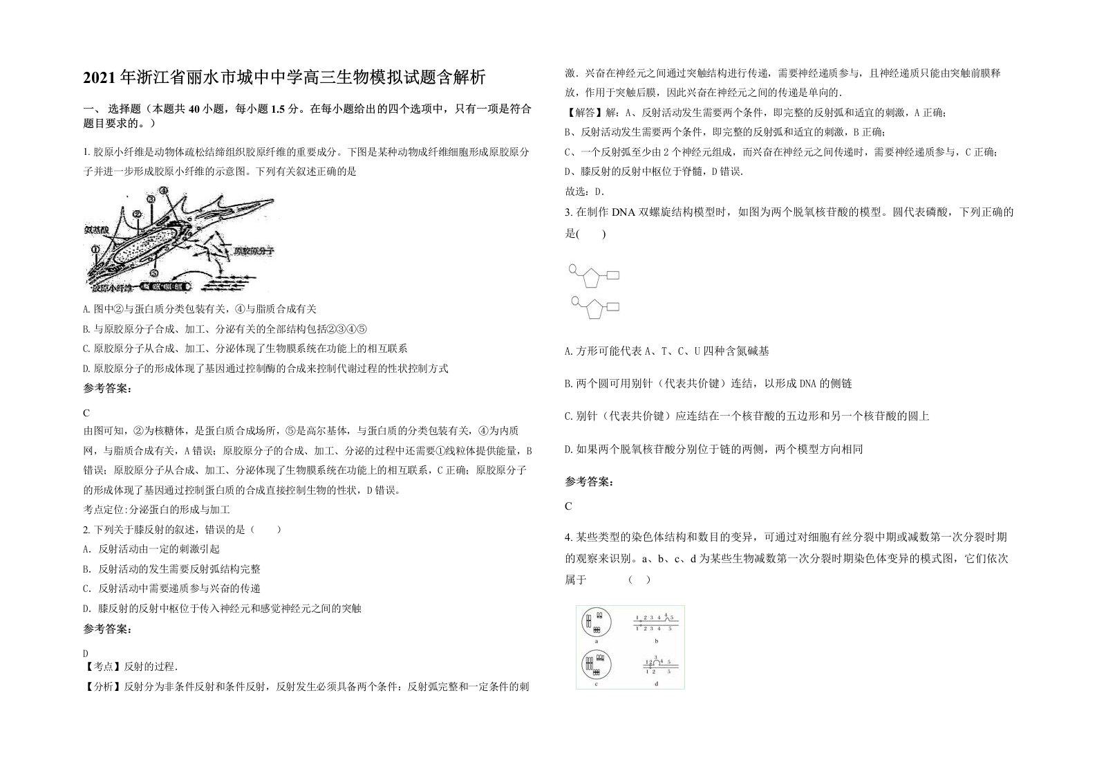 2021年浙江省丽水市城中中学高三生物模拟试题含解析