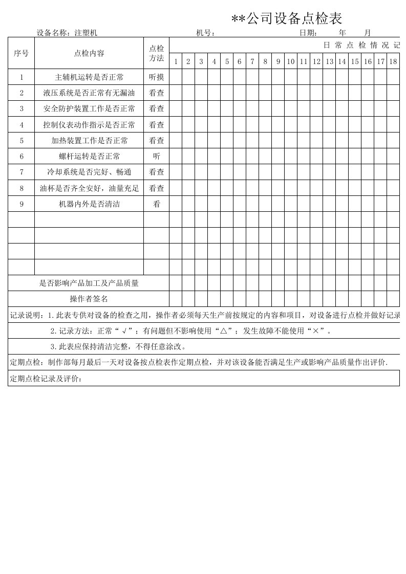 注塑机点检表