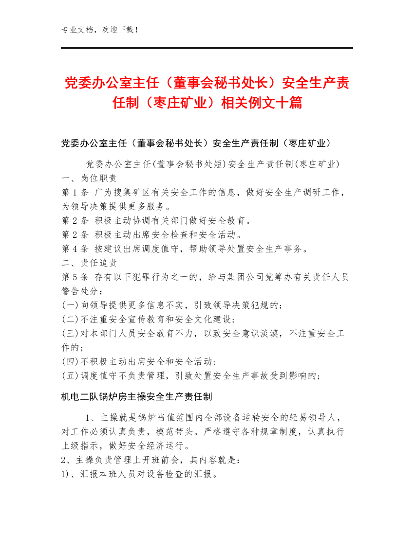 党委办公室主任（董事会秘书处长）安全生产责任制（枣庄矿业）例文十篇