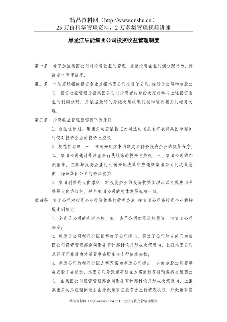 4黑龙江辰能集团公司投资收益管理制度