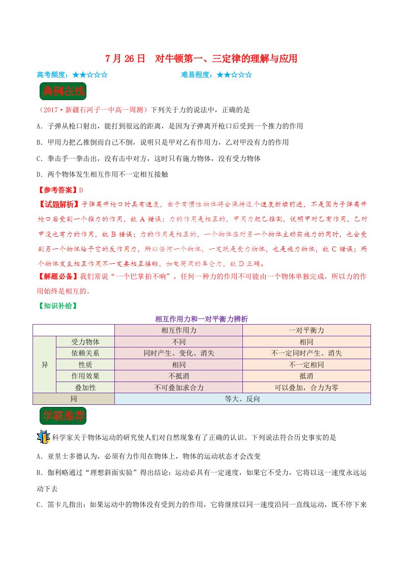 高考物理一轮复习每日一题第04周对牛顿第一三定律的理解与应用