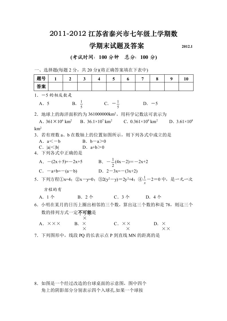 2011-2012江苏省泰兴市七年级上学期数学期末试题及答案