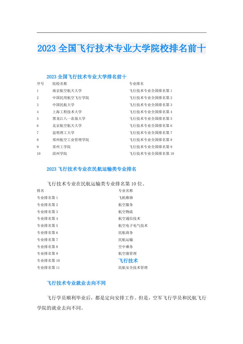 全国飞行技术专业大学院校排名前十