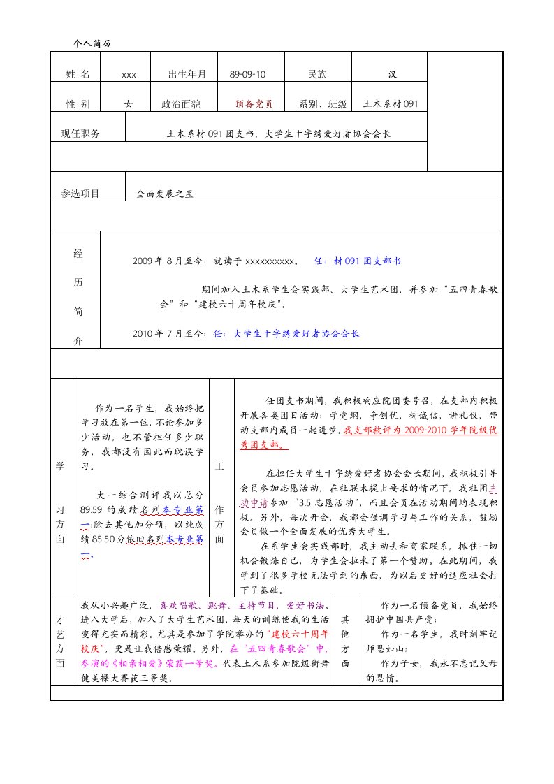 校园之星(全面发展之星)自荐材料