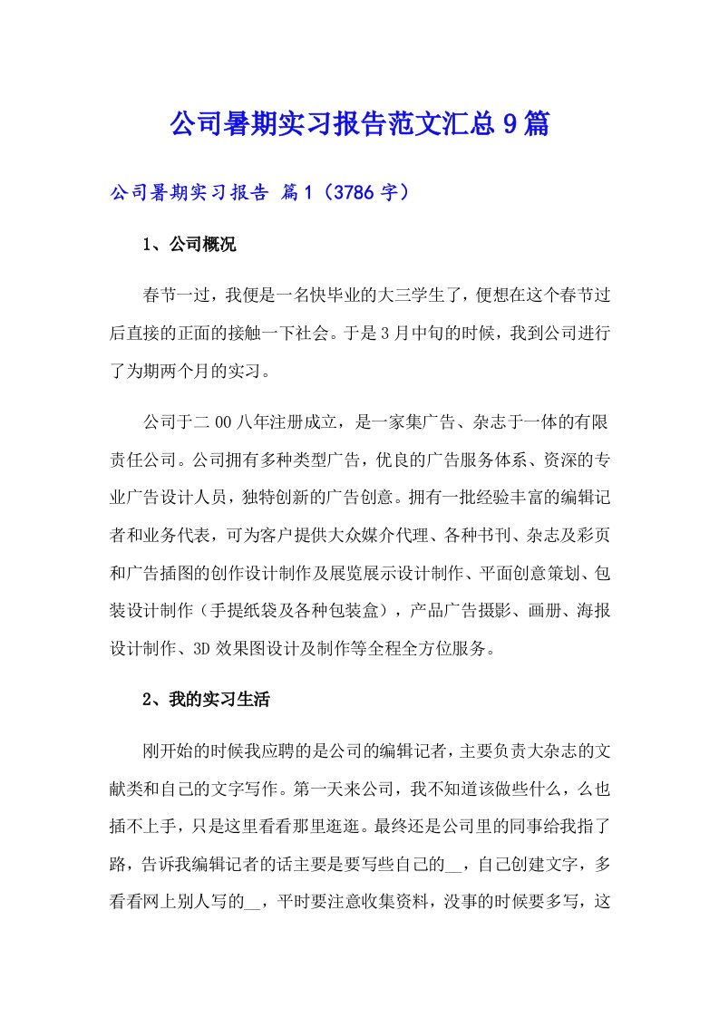 公司暑期实习报告范文汇总9篇