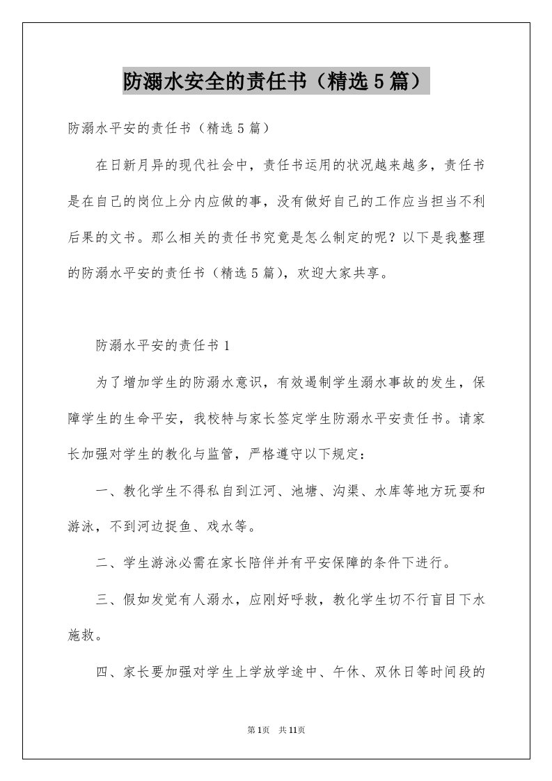 防溺水安全的责任书精选5篇