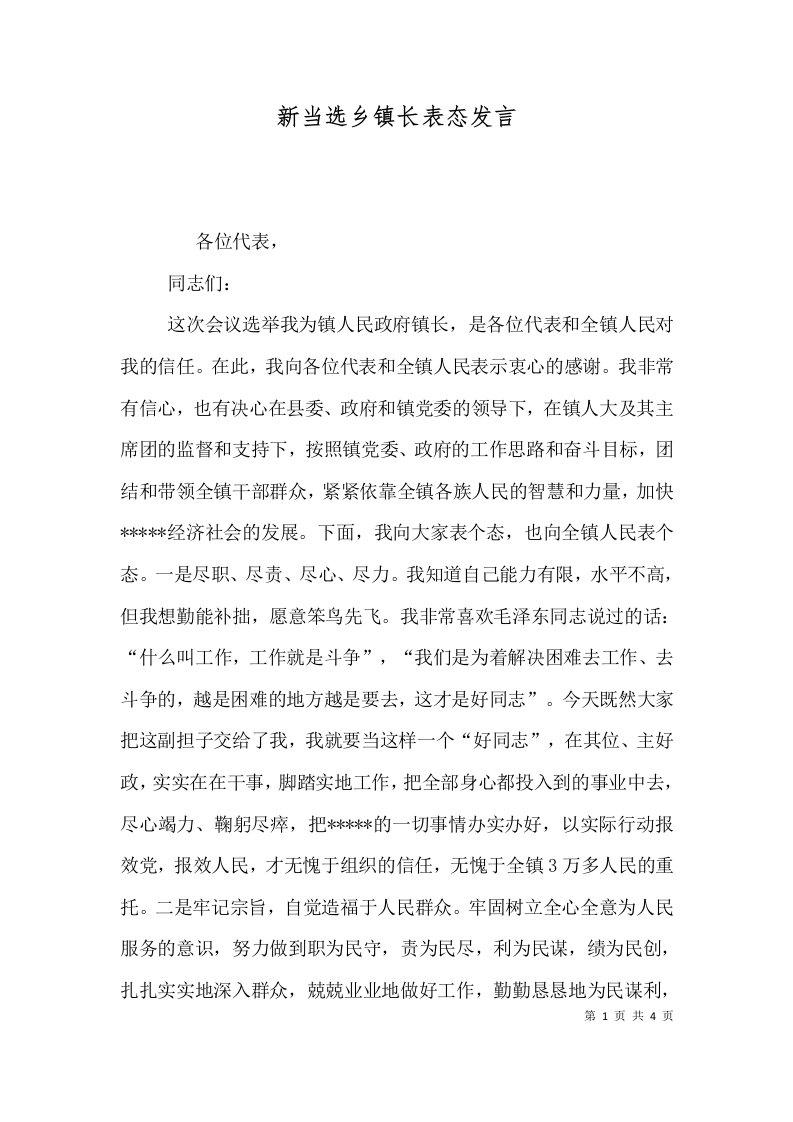 精选新当选乡镇长表态发言